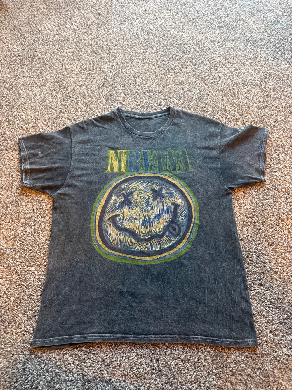 NIRVANA Black Tee with Faded White Smiley Graphic